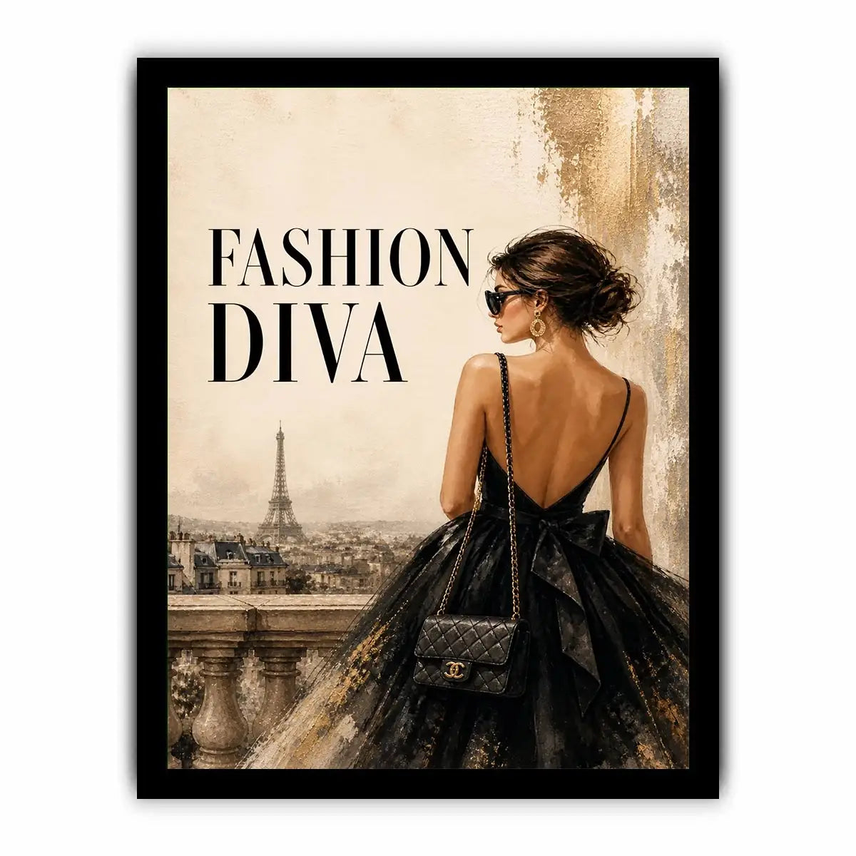 Paris fashion diva wall art featuring elegant woman in black dress with Eiffel Tower luxury canvas print