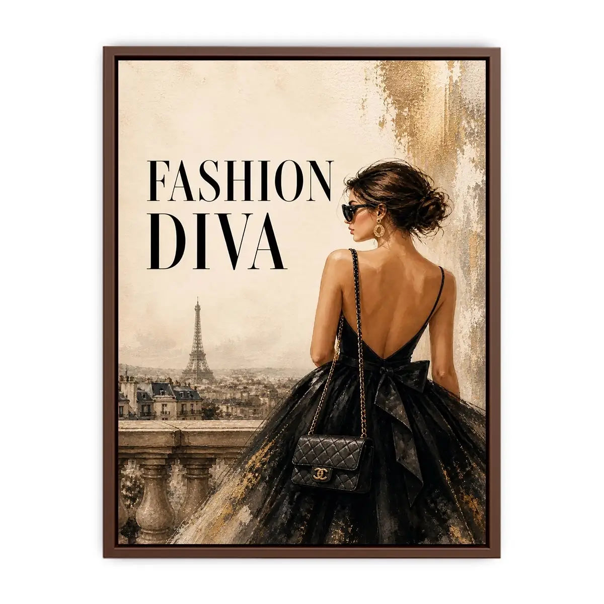 Paris fashion diva wall art featuring elegant woman in black dress with Eiffel Tower luxury canvas print