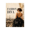 Paris fashion diva wall art featuring elegant woman in black dress with Eiffel Tower luxury canvas print