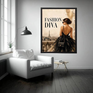 Paris fashion diva wall art featuring elegant woman in black dress with Eiffel Tower luxury canvas print