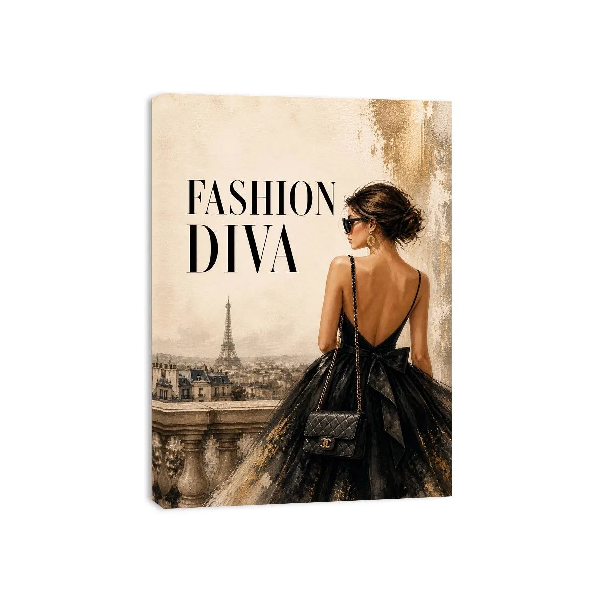 Paris fashion diva wall art featuring elegant woman in black dress with Eiffel Tower luxury canvas print