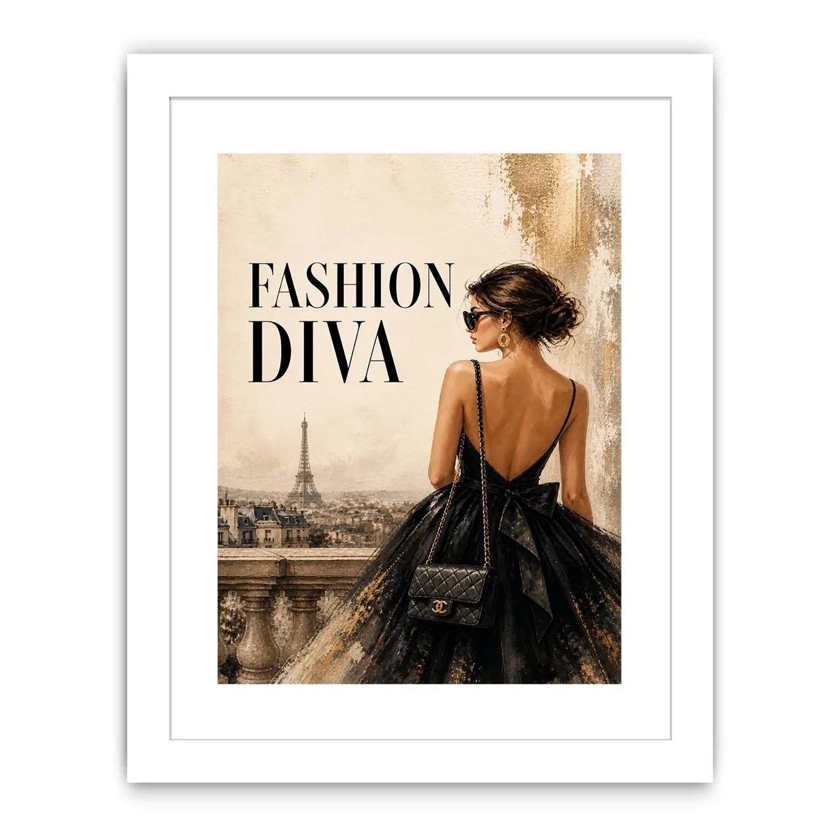 Paris fashion diva wall art featuring elegant woman in black dress with Eiffel Tower luxury canvas print