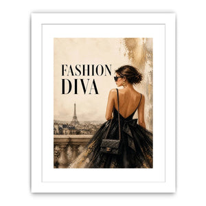 Paris fashion diva wall art featuring elegant woman in black dress with Eiffel Tower luxury canvas print