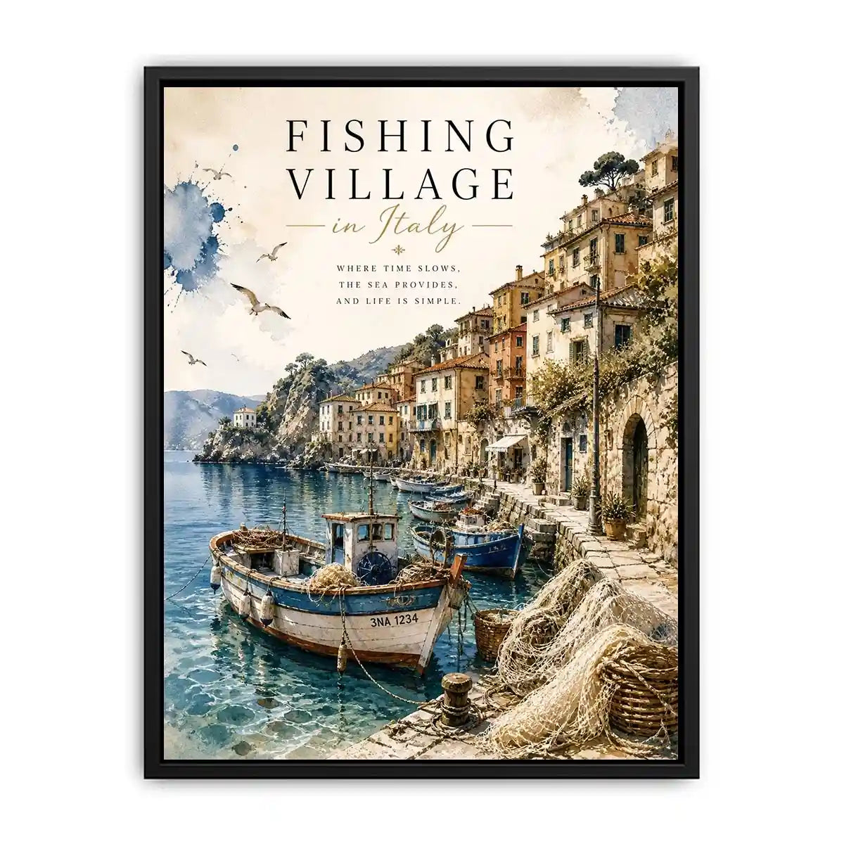 Italian fishing village wall art with coastal boats and Mediterranean seaside watercolor canvas print