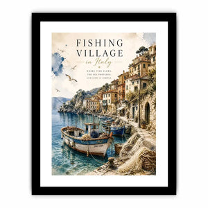 Italian fishing village wall art with coastal boats and Mediterranean seaside watercolor canvas print