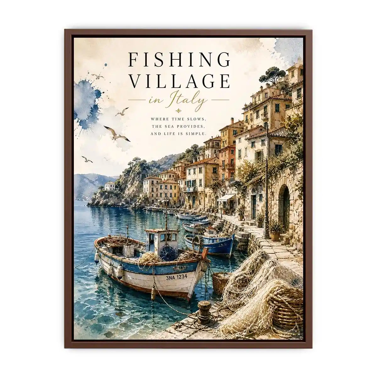 Italian fishing village wall art with coastal boats and Mediterranean seaside watercolor canvas print