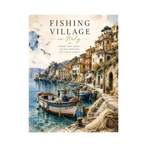 Italian fishing village wall art with coastal boats and Mediterranean seaside watercolor canvas print