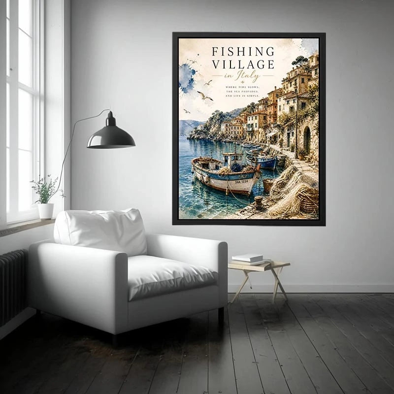 Italian fishing village wall art with coastal boats and Mediterranean seaside watercolor canvas print