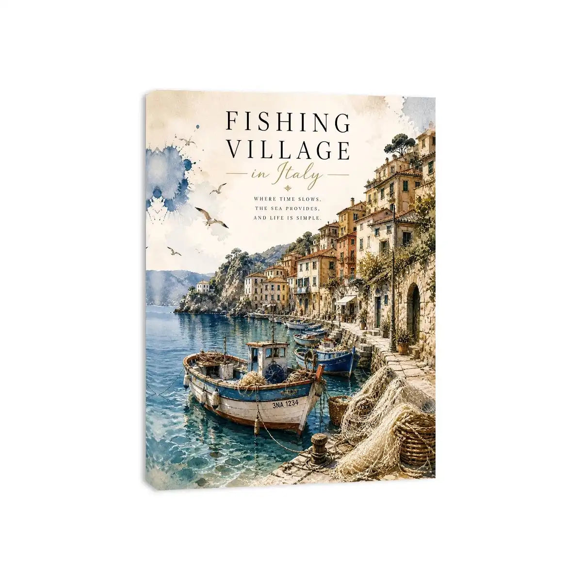 Italian fishing village wall art with coastal boats and Mediterranean seaside watercolor canvas print