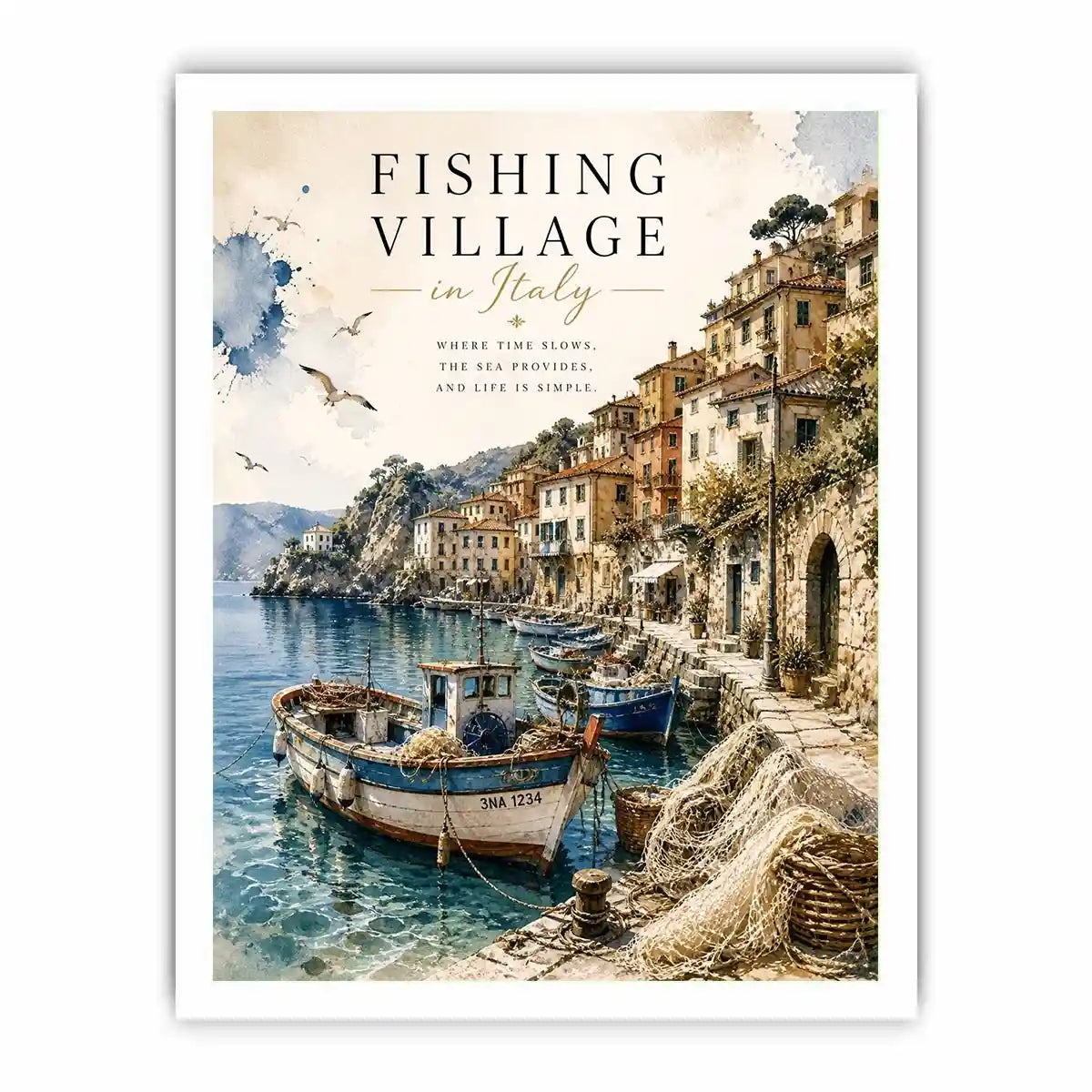 Italian fishing village wall art with coastal boats and Mediterranean seaside watercolor canvas print