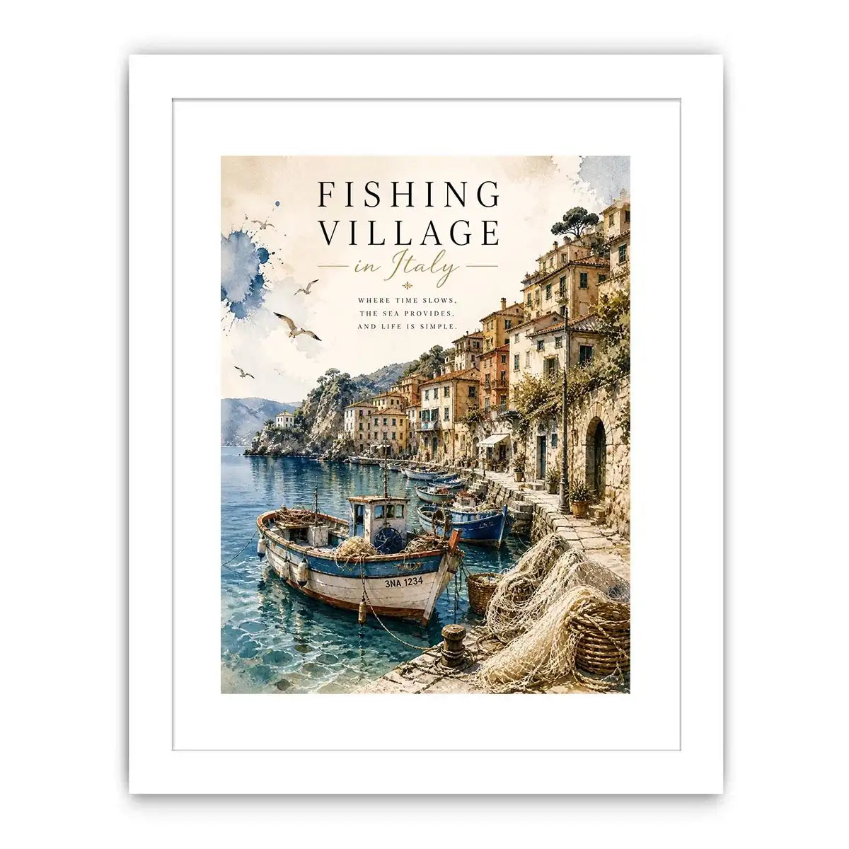 Italian fishing village wall art with coastal boats and Mediterranean seaside watercolor canvas print