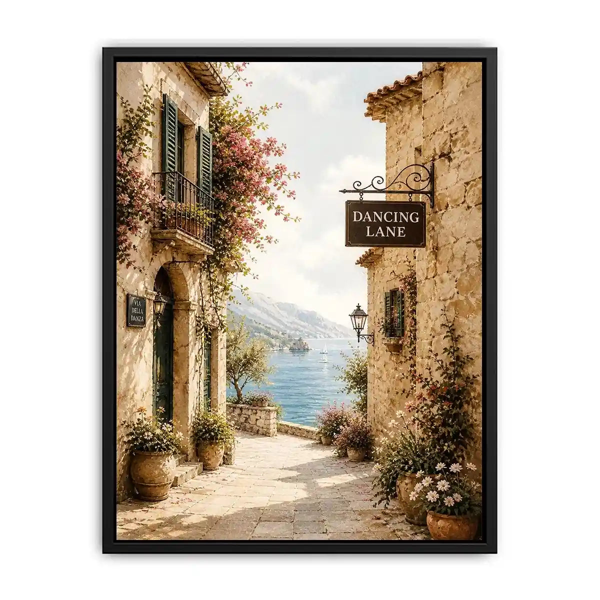 Mediterranean coastal village wall art with floral stone alley and ocean view canvas print