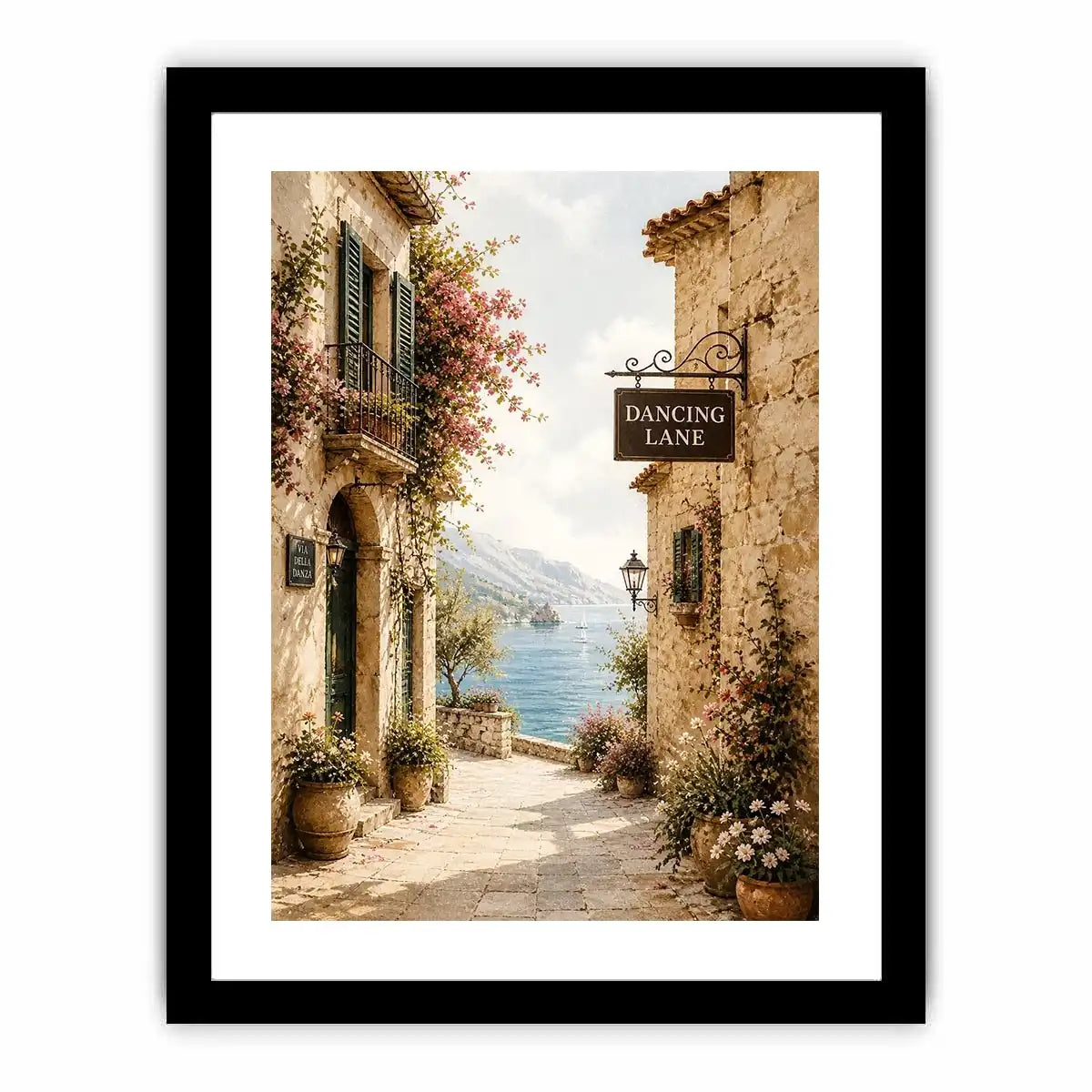 Mediterranean coastal village wall art with floral stone alley and ocean view canvas print
