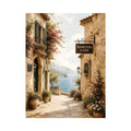 Mediterranean coastal village wall art with floral stone alley and ocean view canvas print