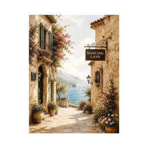 Mediterranean coastal village wall art with floral stone alley and ocean view canvas print