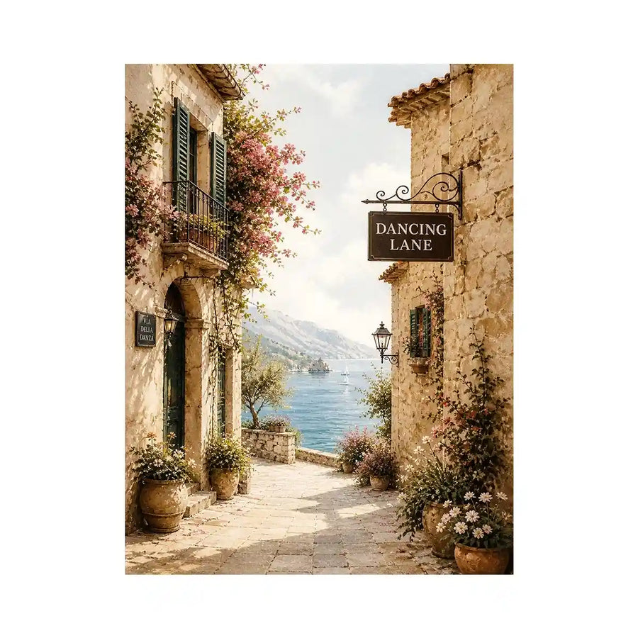 Mediterranean coastal village wall art with floral stone alley and ocean view canvas print