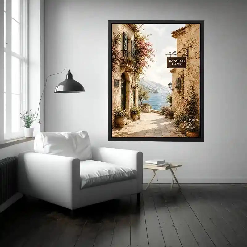Mediterranean coastal village wall art with floral stone alley and ocean view canvas print