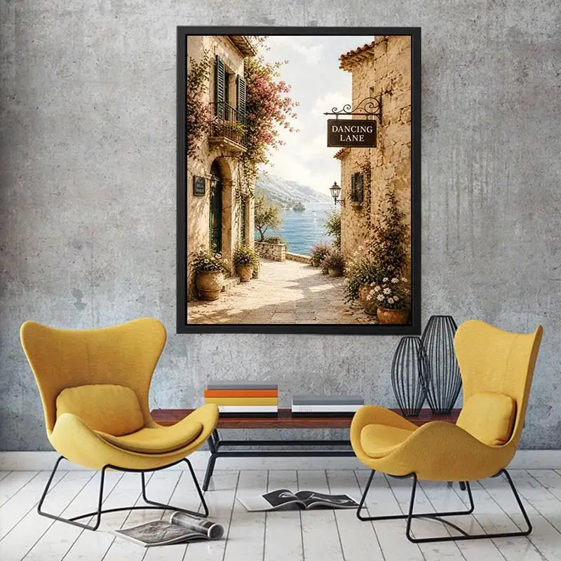 Mediterranean coastal village wall art with floral stone alley and ocean view canvas print