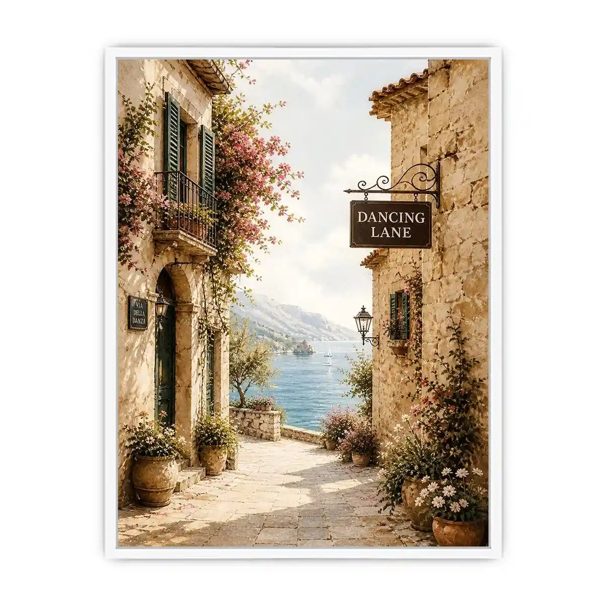Mediterranean coastal village wall art with floral stone alley and ocean view canvas print