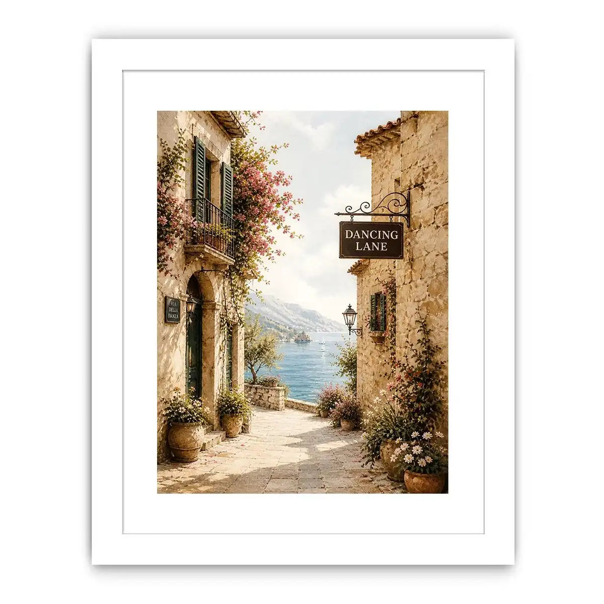 Mediterranean coastal village wall art with floral stone alley and ocean view canvas print