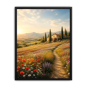 Tuscan wildflower meadow wall art with rustic farmhouse, colorful flowers, mountain landscape, and golden sunrise countryside canvas print
