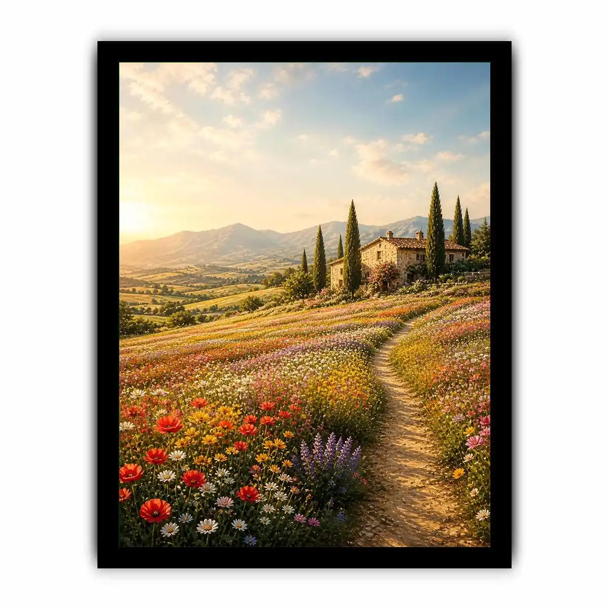 Tuscan wildflower meadow wall art with rustic farmhouse, colorful flowers, mountain landscape, and golden sunrise countryside canvas print