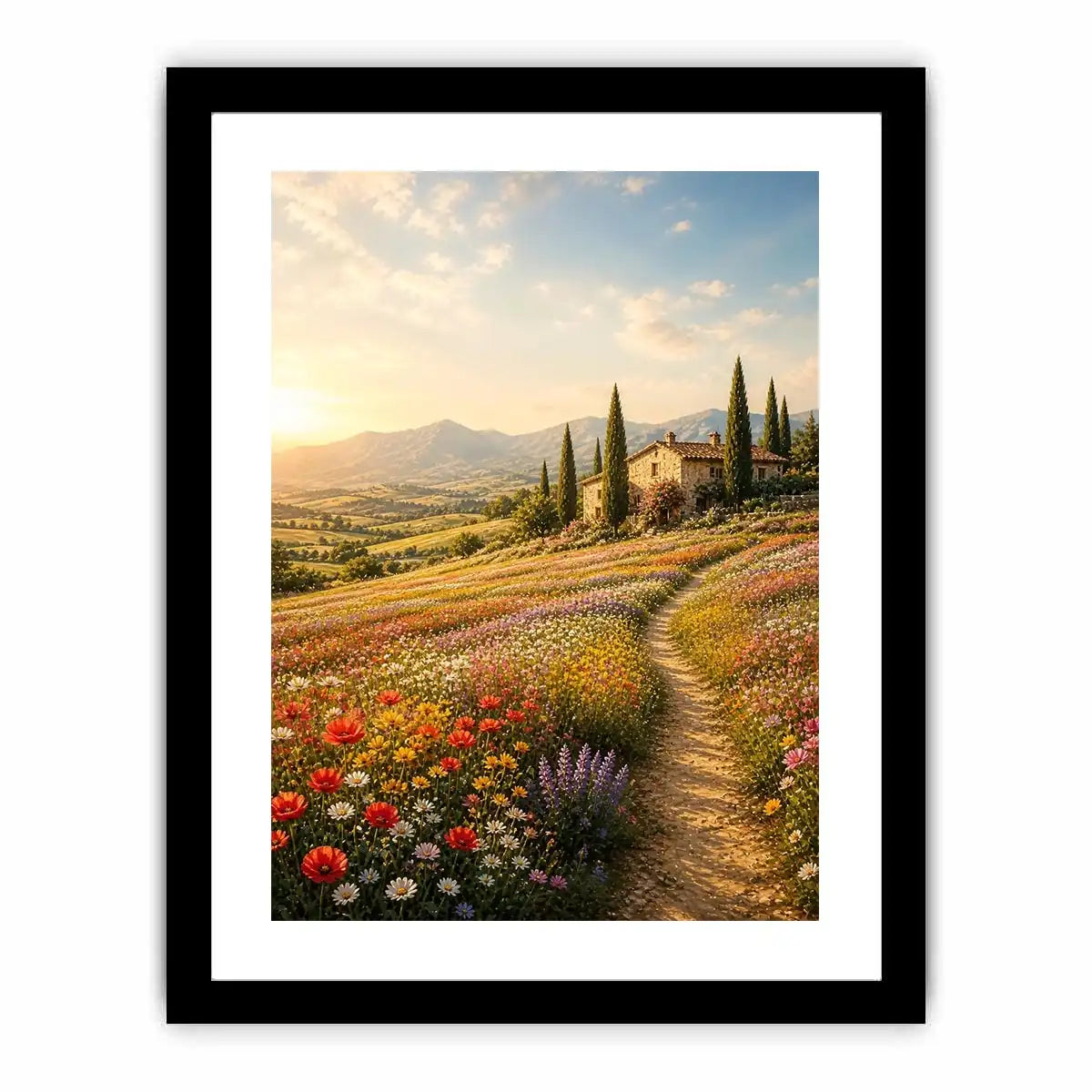 Tuscan wildflower meadow wall art with rustic farmhouse, colorful flowers, mountain landscape, and golden sunrise countryside canvas print