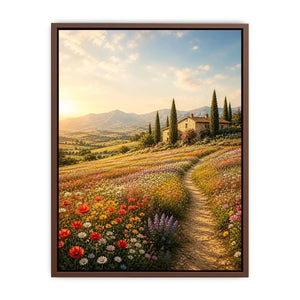 Tuscan wildflower meadow wall art with rustic farmhouse, colorful flowers, mountain landscape, and golden sunrise countryside canvas print