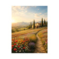 Tuscan wildflower meadow wall art with rustic farmhouse, colorful flowers, mountain landscape, and golden sunrise countryside canvas print