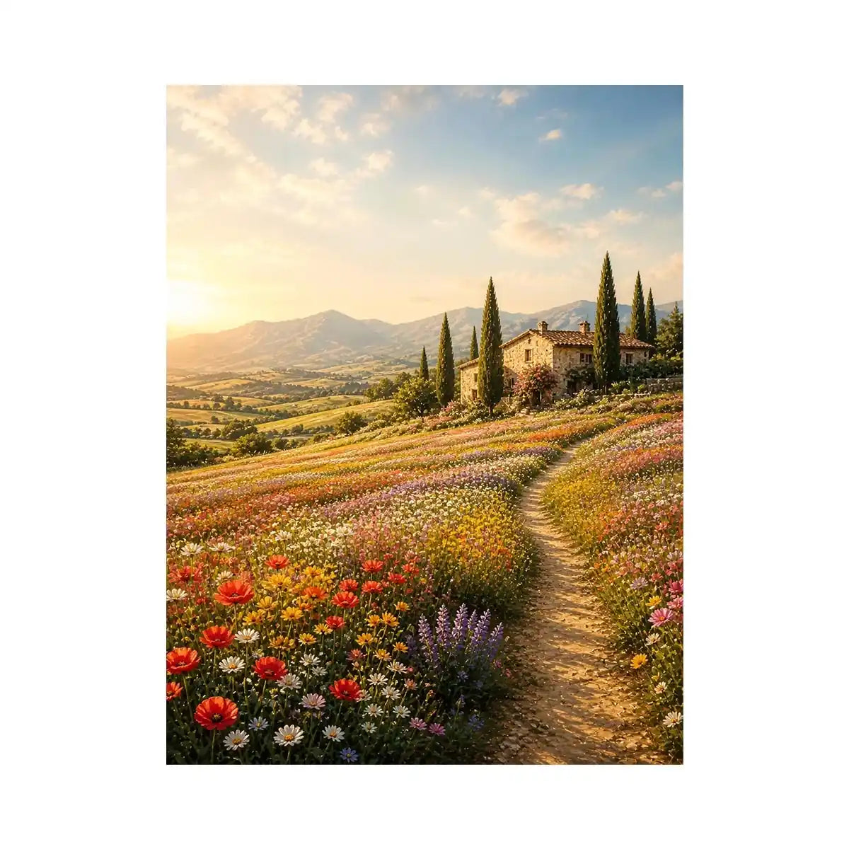 Tuscan wildflower meadow wall art with rustic farmhouse, colorful flowers, mountain landscape, and golden sunrise countryside canvas print