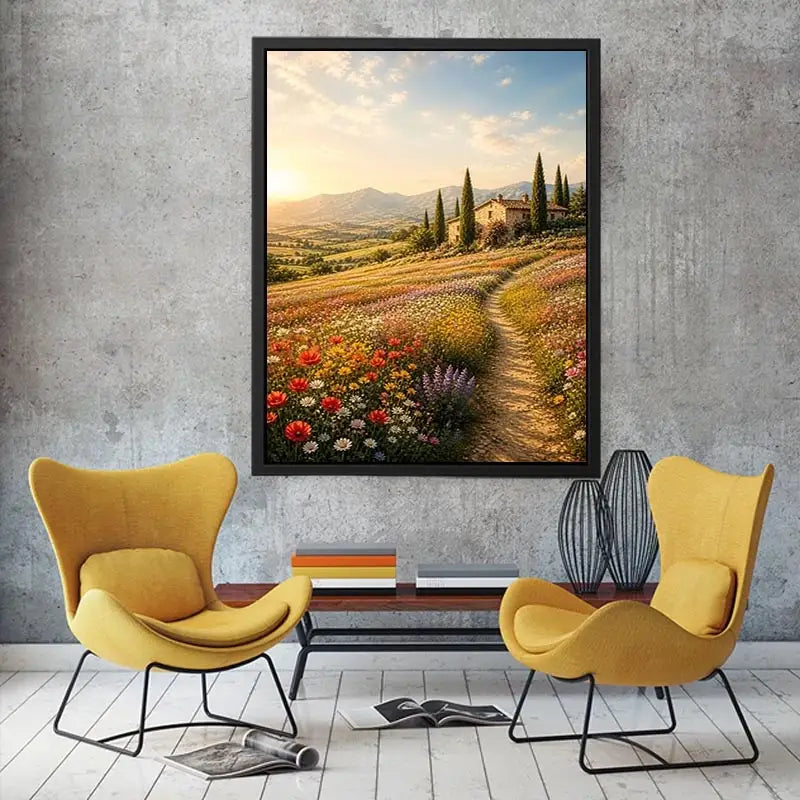 Tuscan wildflower meadow wall art with rustic farmhouse, colorful flowers, mountain landscape, and golden sunrise countryside canvas print