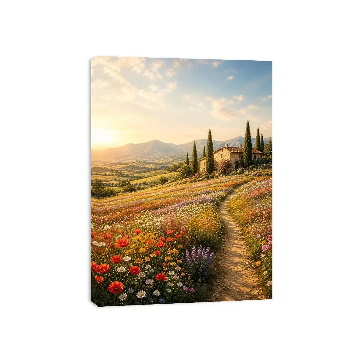 Tuscan wildflower meadow wall art with rustic farmhouse, colorful flowers, mountain landscape, and golden sunrise countryside canvas print
