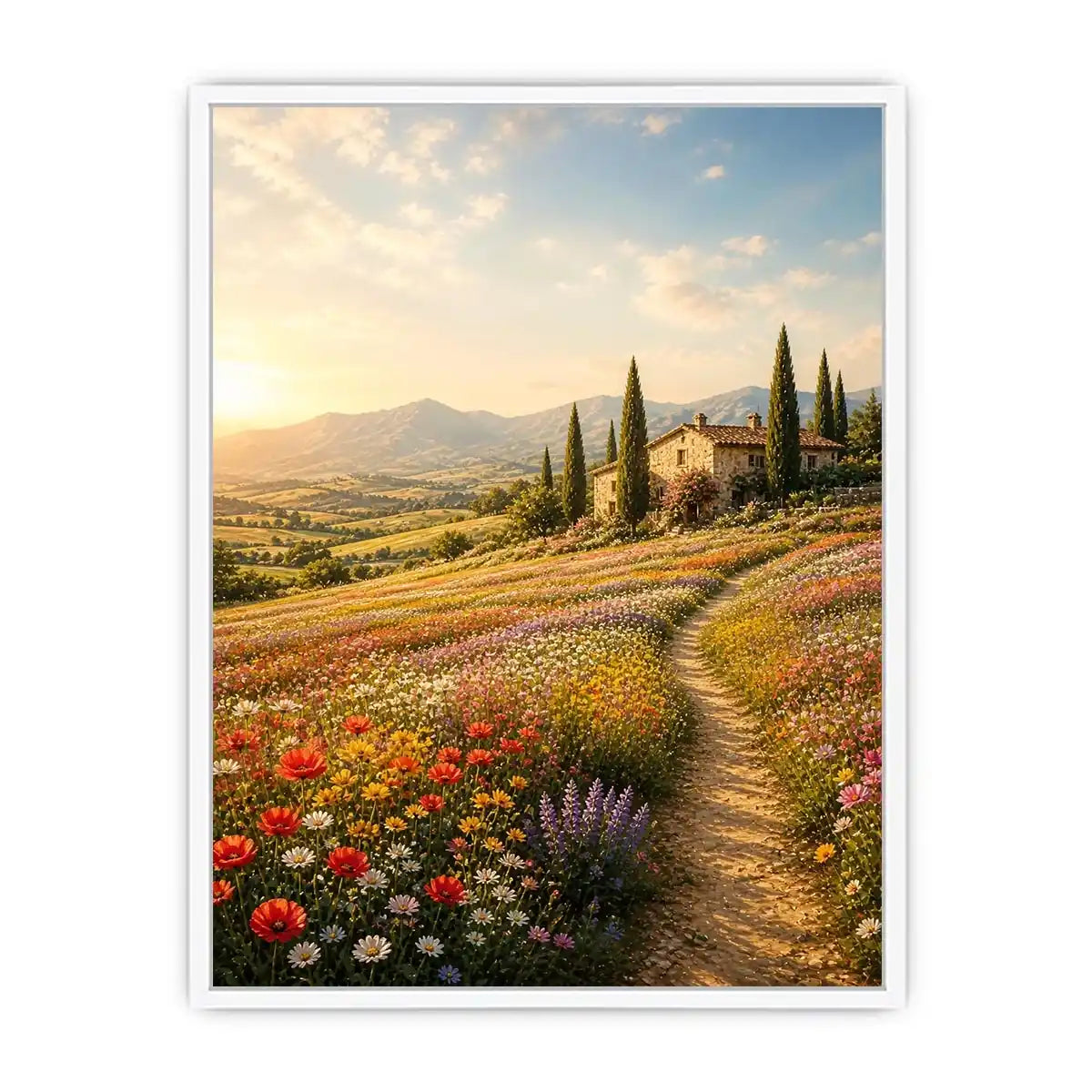 Tuscan wildflower meadow wall art with rustic farmhouse, colorful flowers, mountain landscape, and golden sunrise countryside canvas print
