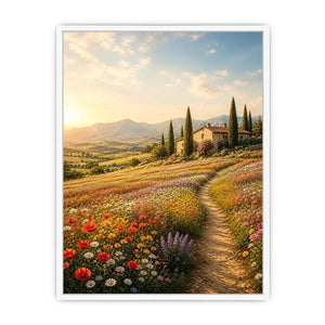 Tuscan wildflower meadow wall art with rustic farmhouse, colorful flowers, mountain landscape, and golden sunrise countryside canvas print