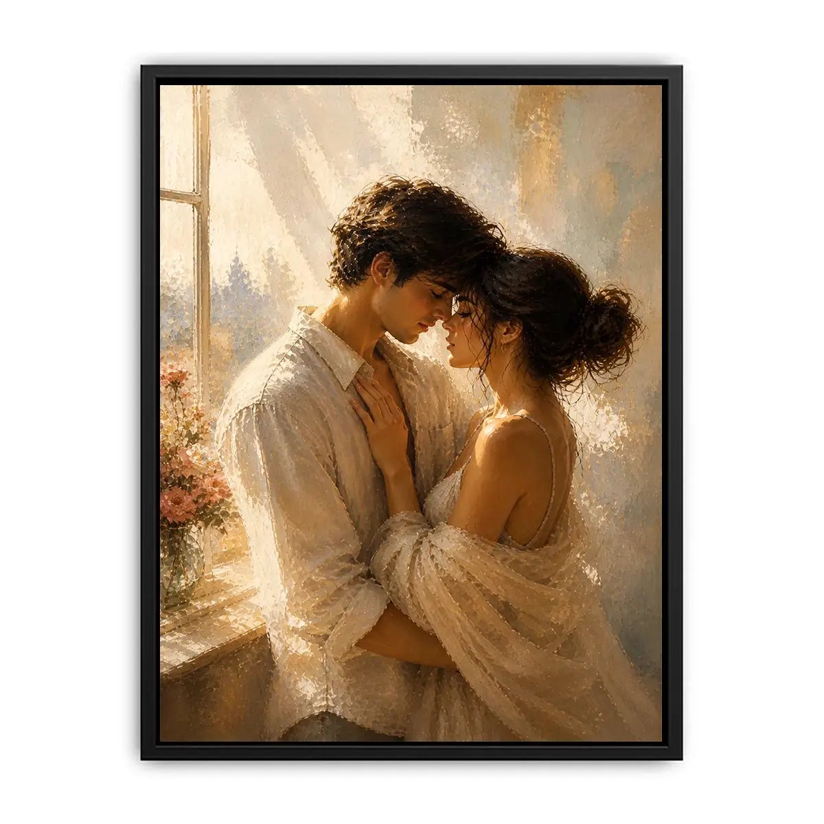 Romantic couple wall art with golden sunlight, intimate embrace canvas print, luxury neutral bedroom wall decor, impressionist love painting