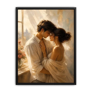 Romantic couple wall art with golden sunlight, intimate embrace canvas print, luxury neutral bedroom wall decor, impressionist love painting
