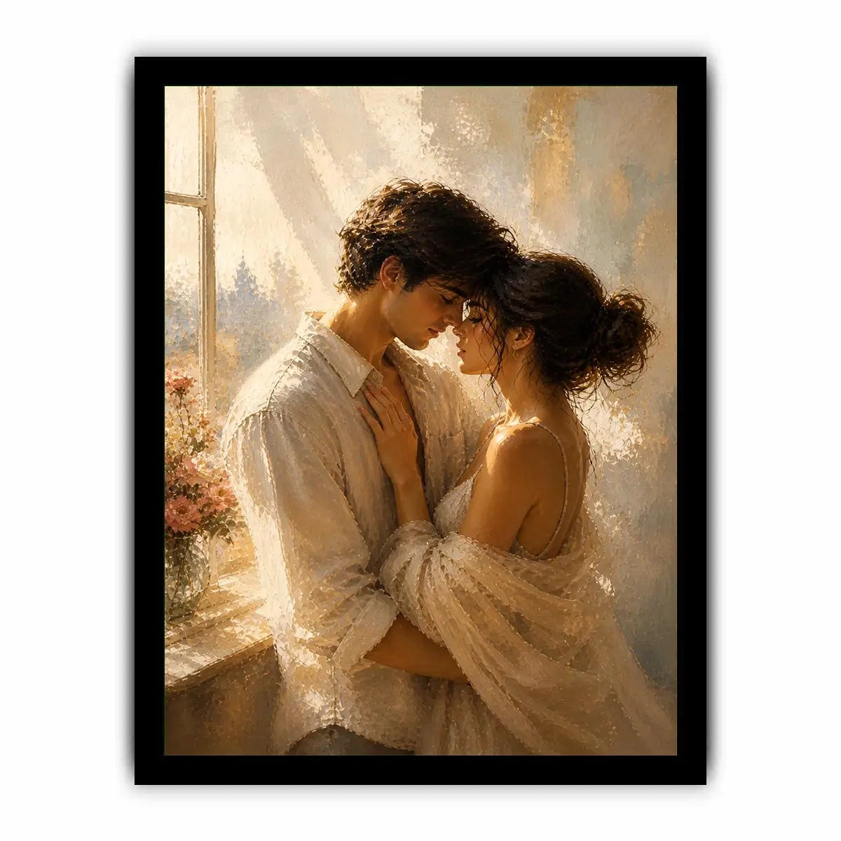 Romantic couple wall art with golden sunlight, intimate embrace canvas print, luxury neutral bedroom wall decor, impressionist love painting