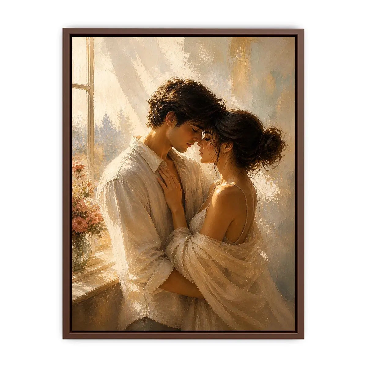 Romantic couple wall art with golden sunlight, intimate embrace canvas print, luxury neutral bedroom wall decor, impressionist love painting