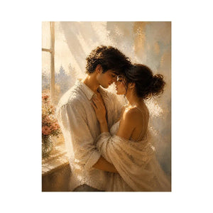 Romantic couple wall art with golden sunlight, intimate embrace canvas print, luxury neutral bedroom wall decor, impressionist love painting
