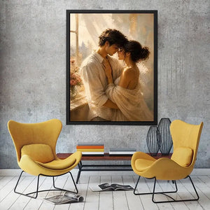 Romantic couple wall art with golden sunlight, intimate embrace canvas print, luxury neutral bedroom wall decor, impressionist love painting