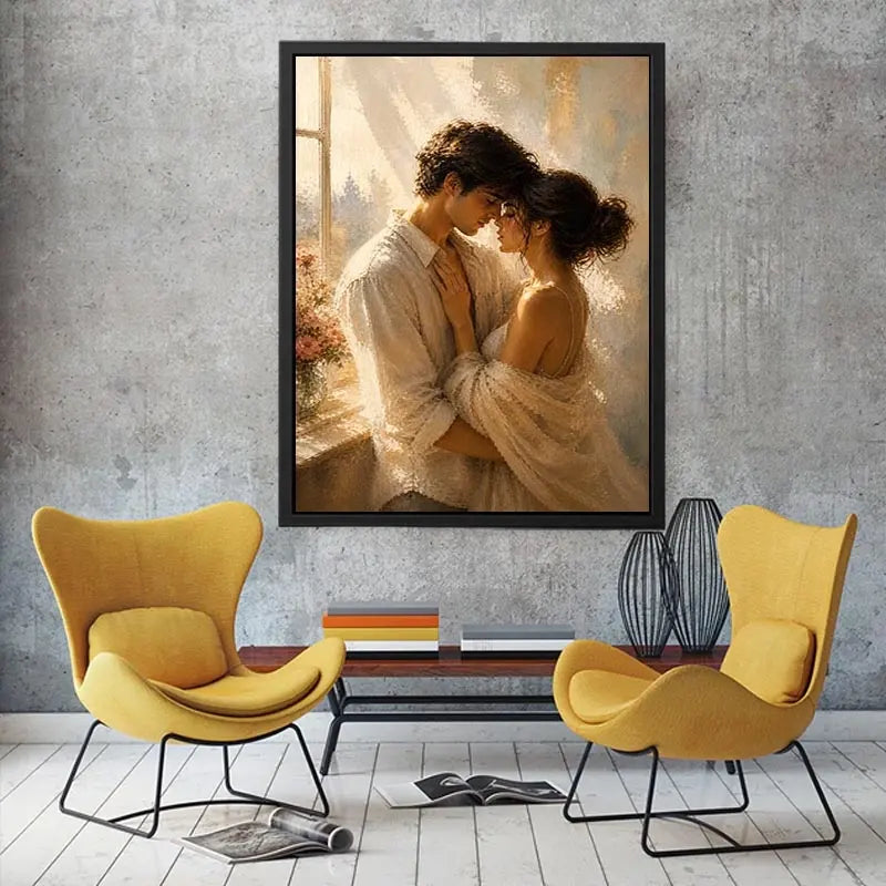 Romantic couple wall art with golden sunlight, intimate embrace canvas print, luxury neutral bedroom wall decor, impressionist love painting