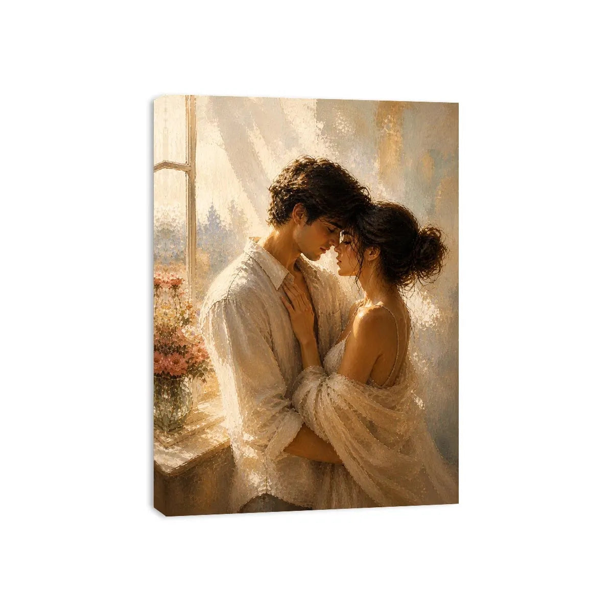 Romantic couple wall art with golden sunlight, intimate embrace canvas print, luxury neutral bedroom wall decor, impressionist love painting