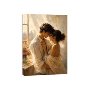 Romantic couple wall art with golden sunlight, intimate embrace canvas print, luxury neutral bedroom wall decor, impressionist love painting