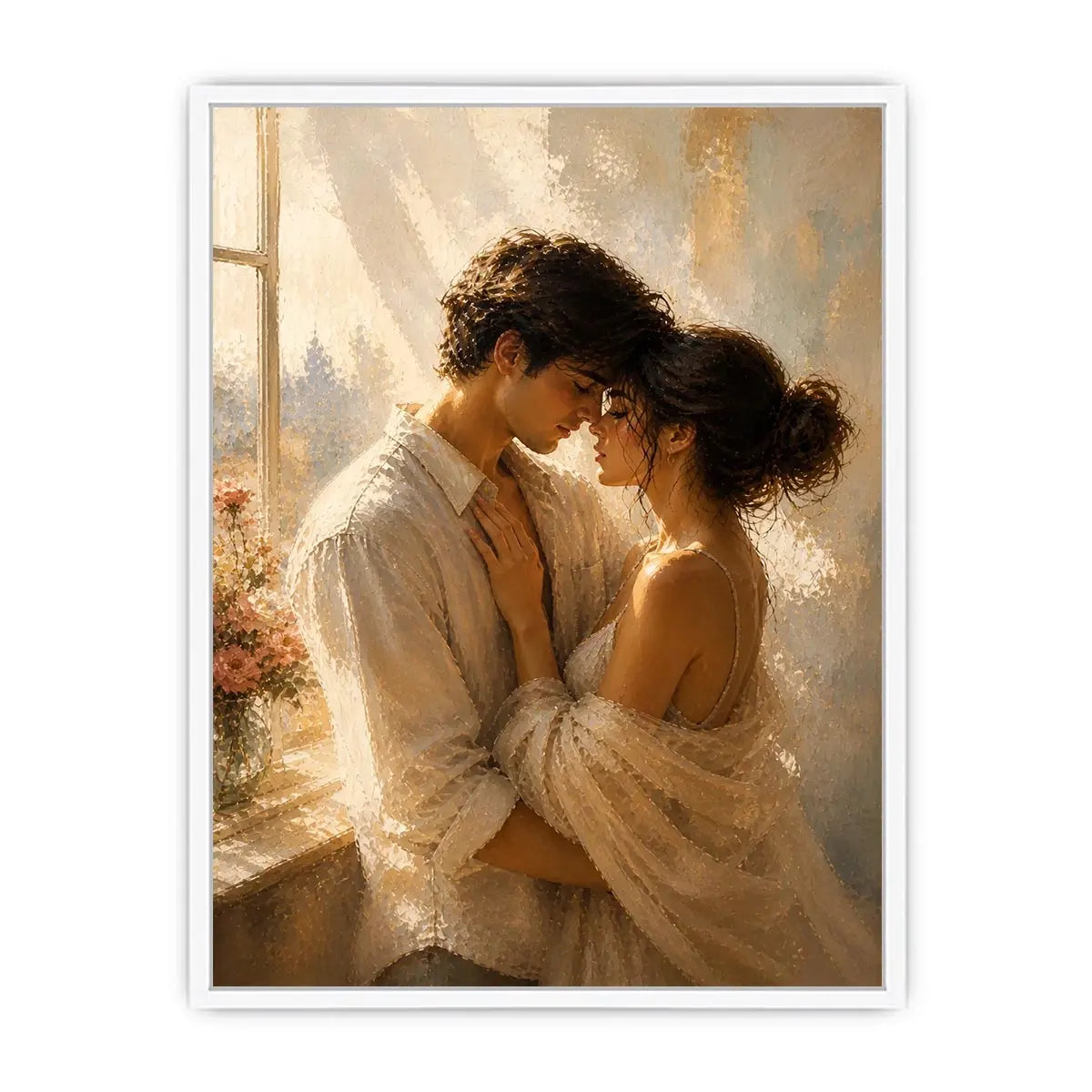 Romantic couple wall art with golden sunlight, intimate embrace canvas print, luxury neutral bedroom wall decor, impressionist love painting