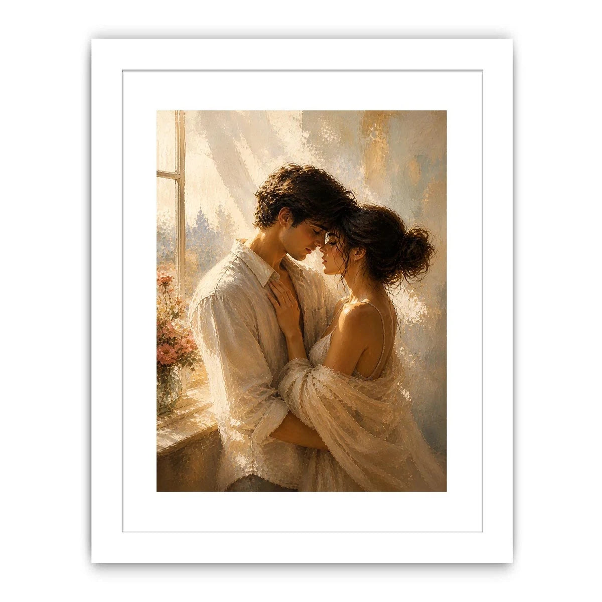 Romantic couple wall art with golden sunlight, intimate embrace canvas print, luxury neutral bedroom wall decor, impressionist love painting