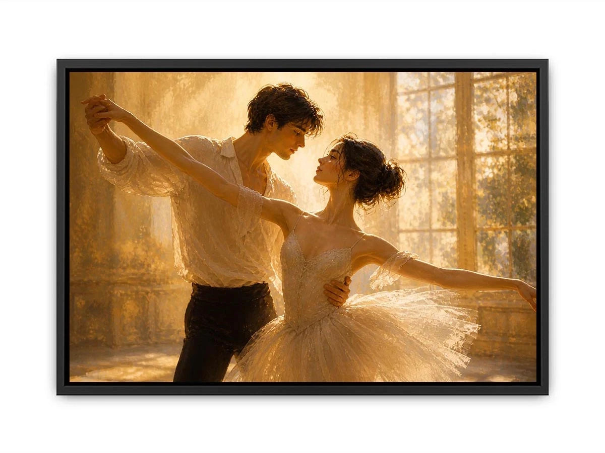 Romantic dancing couple wall art with golden light, elegant ballet canvas print, luxury love painting for bedroom and living room decor