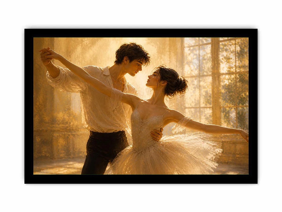 Romantic dancing couple wall art with golden light, elegant ballet canvas print, luxury love painting for bedroom and living room decor