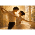 Romantic dancing couple wall art with golden light, elegant ballet canvas print, luxury love painting for bedroom and living room decor