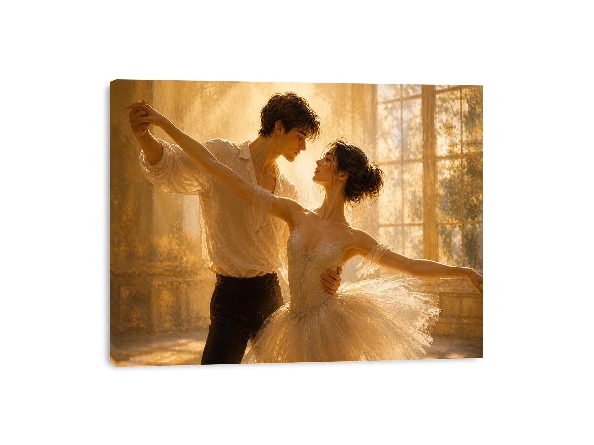 Romantic dancing couple wall art with golden light, elegant ballet canvas print, luxury love painting for bedroom and living room decor