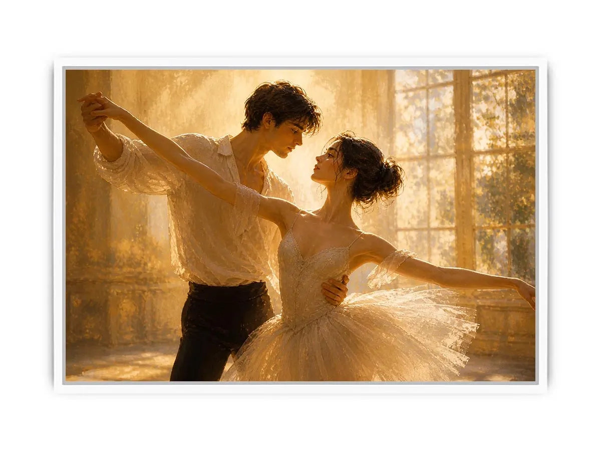 Romantic dancing couple wall art with golden light, elegant ballet canvas print, luxury love painting for bedroom and living room decor